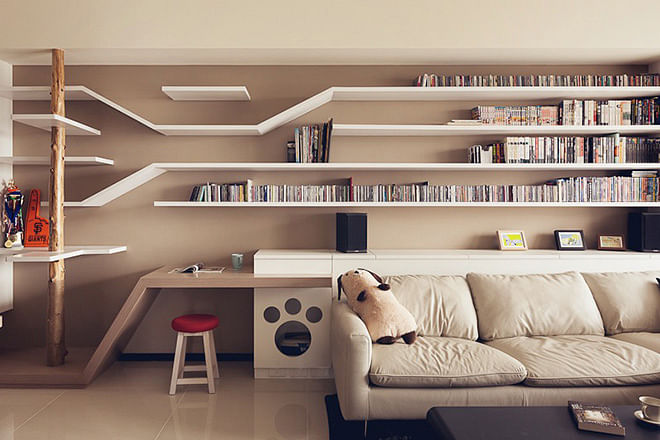 bookshelf, cats, pole