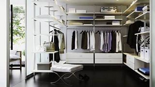 All black and white style Raumplus Uno walk in wardrobe system, from The Ewins Home.