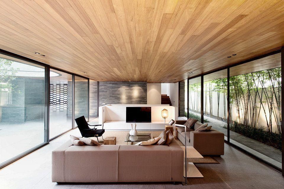 Modern Living Room Wood Ceiling Stained Wood