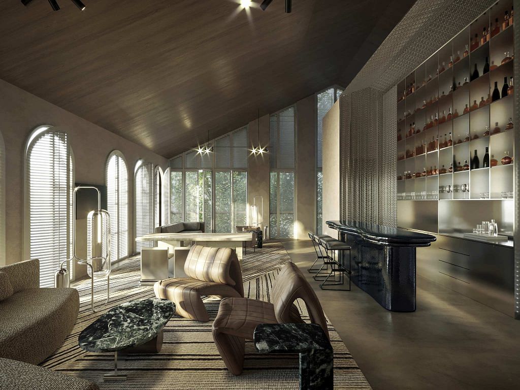 Mondrian Hotel Singapore opening in March 2023. Lobby view with sofa and concierge