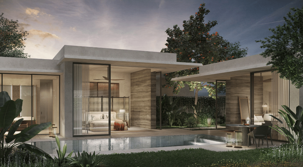 Raffles Sentosa Resort and Spa Singapore opening in late 2023. View of villa facade with private swimming pool