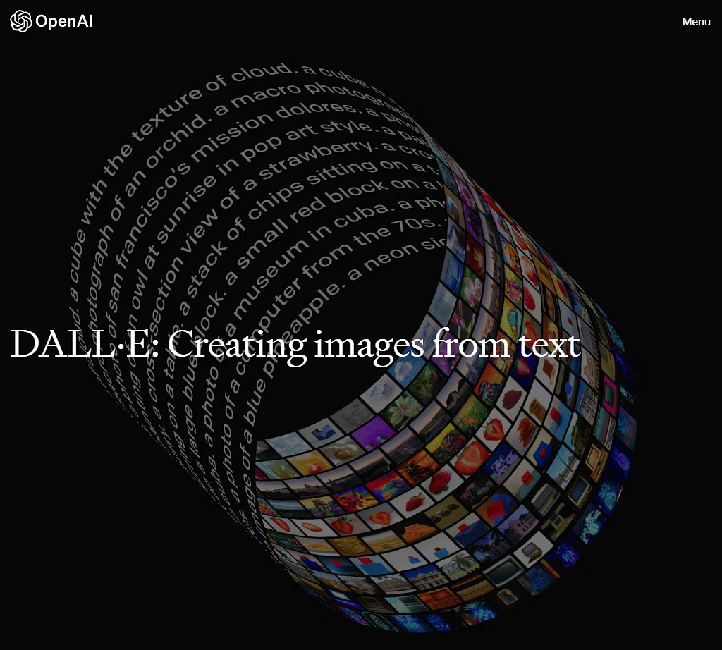 Dall-E AI artificial intelligence image generator tool for interior design homepage screengrab