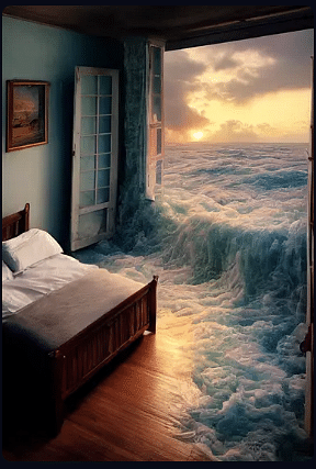 A fantasy bedroom with the ocean gushing through the window in the sunset by Artificial Intelligence AI tool, Midjourney