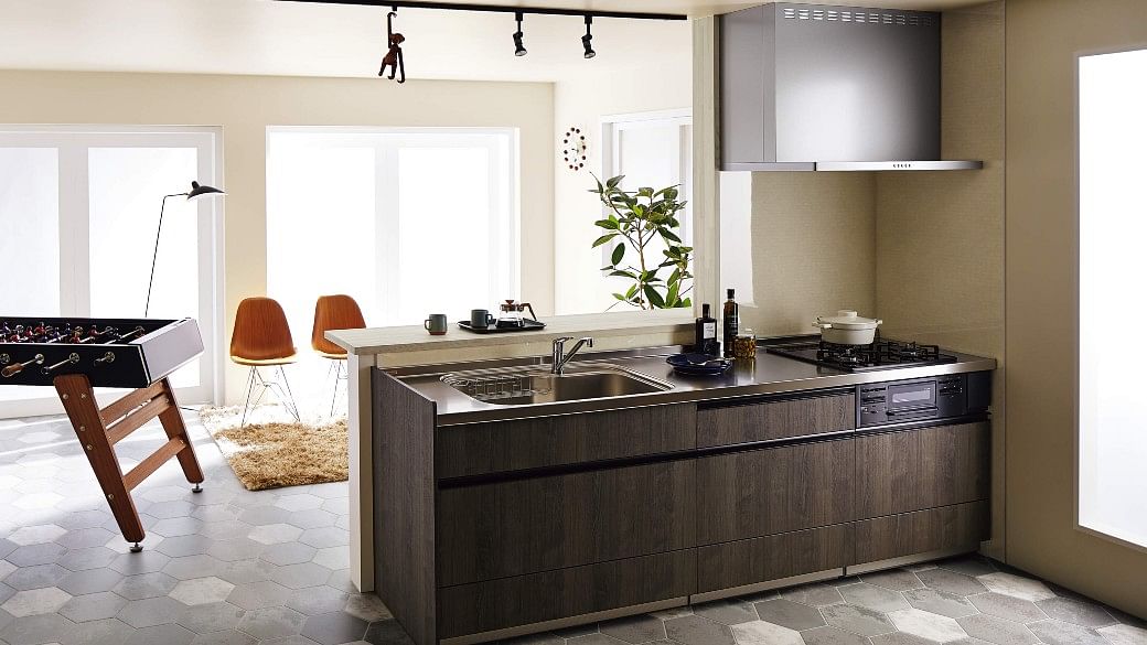 Modern domestic kitchen design with wood cabinet, stainless steel